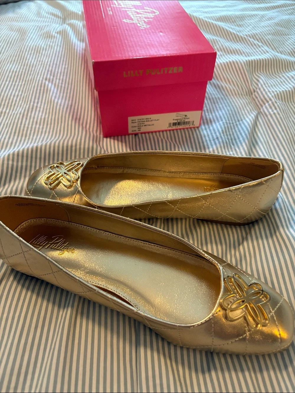 Lilly Pulitzer Metallic Gold Quilted patina Ballet Flats with Logo Accent size 9